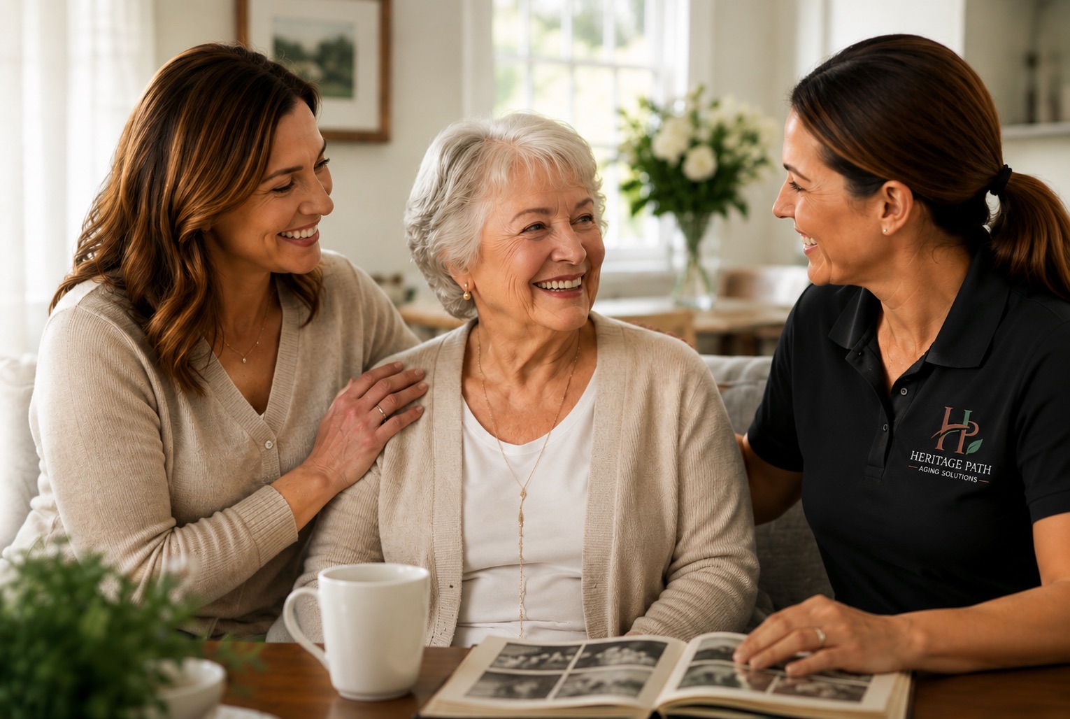 A Heritage Path caregiver sharing a warm, joyful moment with an elderly woman and her daughter while looking through a family photo album