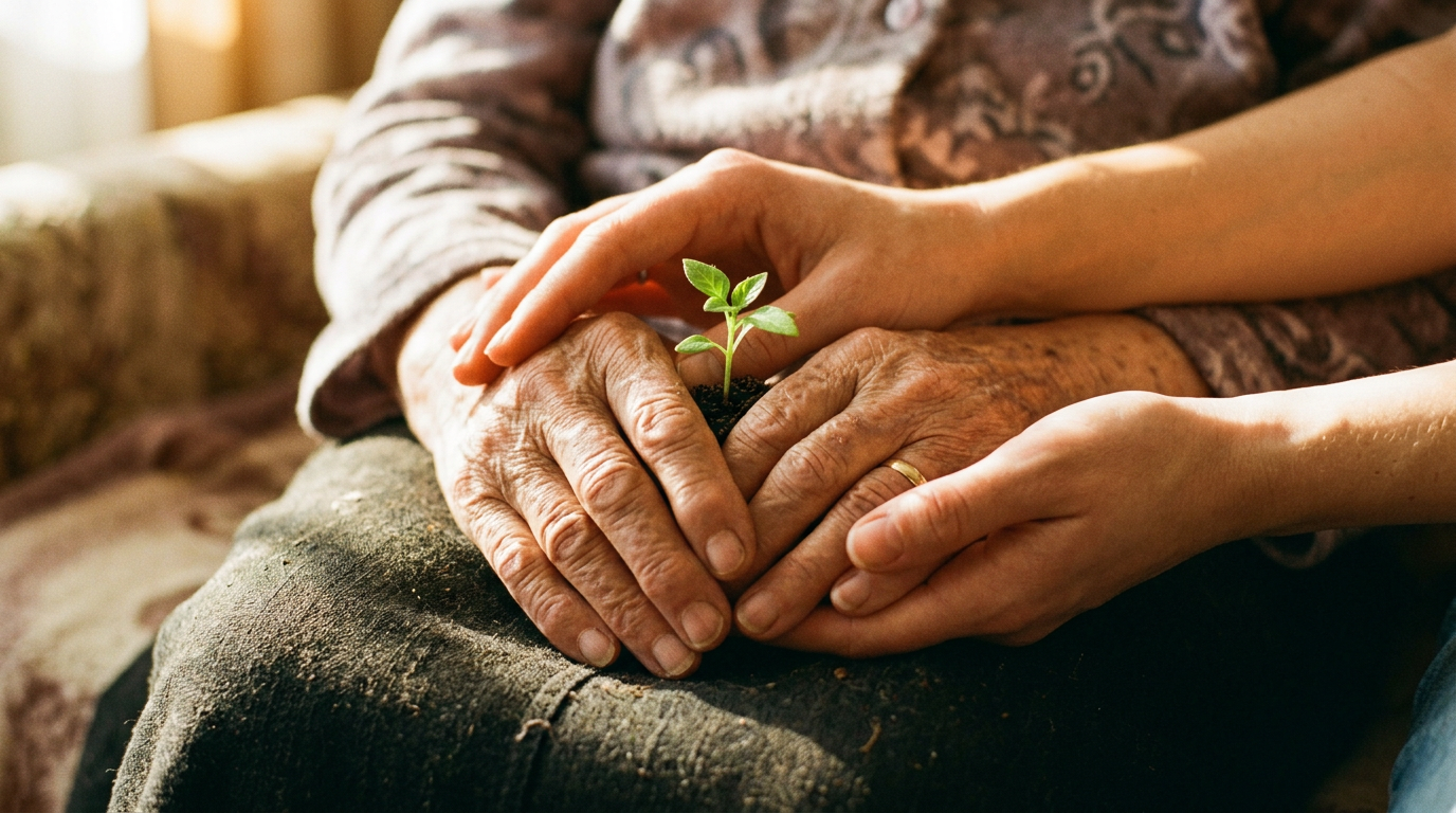 Younger hands gently cradling the hands of an elderly person with a small green sprout resting between them