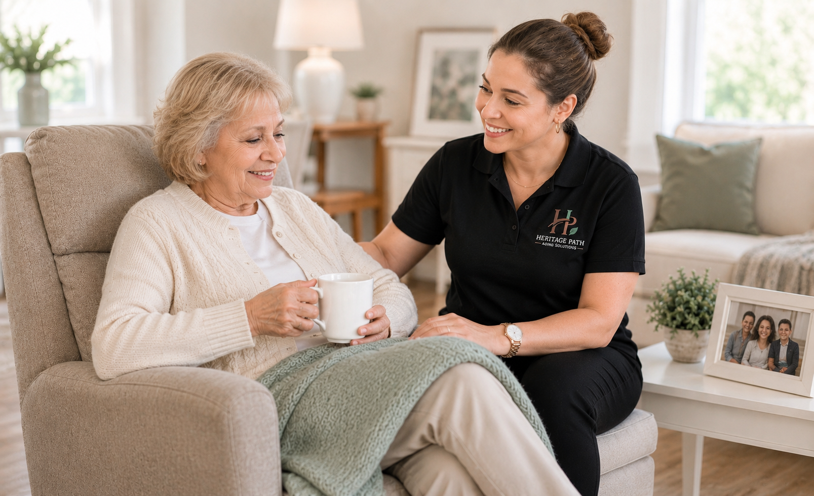 Heritage Path caregiver sitting with an older woman holding a coffee mug in a cozy living room