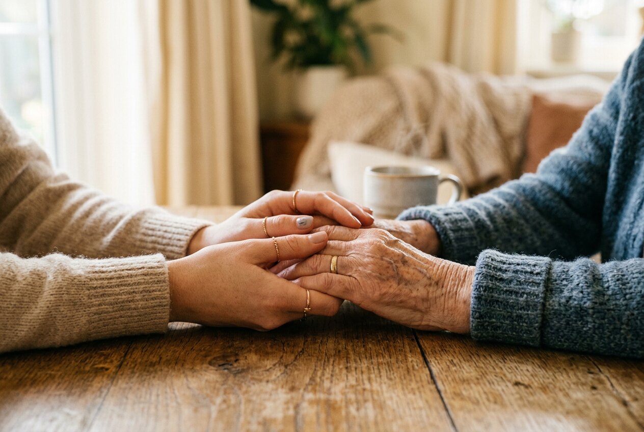 A caregiver gently holding the hands of an older adult across a table