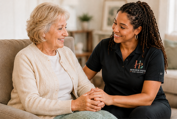 A Heritage Path caregiver gently holding the hands of an elderly woman while they share a warm conversation